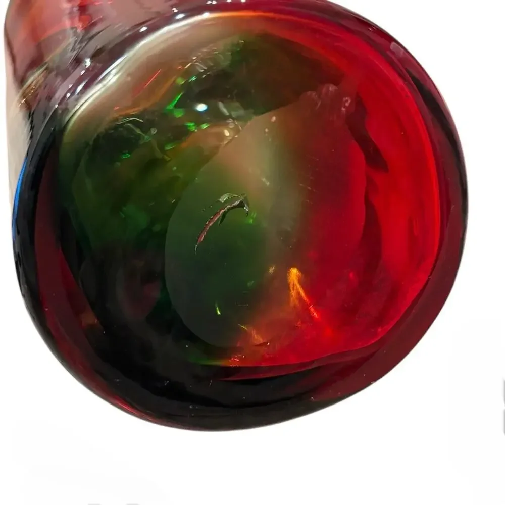 Art Glass Hand Blown Swirl Vase Red Green Clear 12